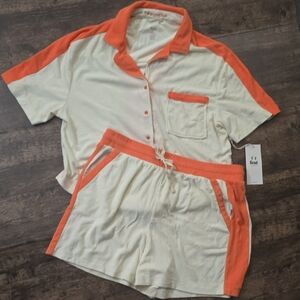 FEAT Orange and Cream Button-Up Sleep Shirt and Shorts Set Terrycloth NWT sz XL